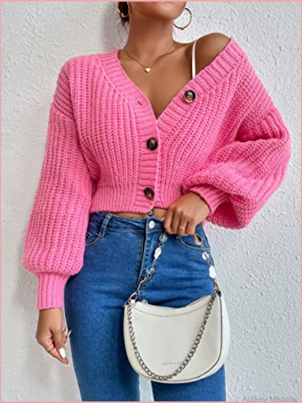 Chunky Crop Cardigan Sweater Button Up Cable Knit Lantern Sleeve - Picture 6 of 7